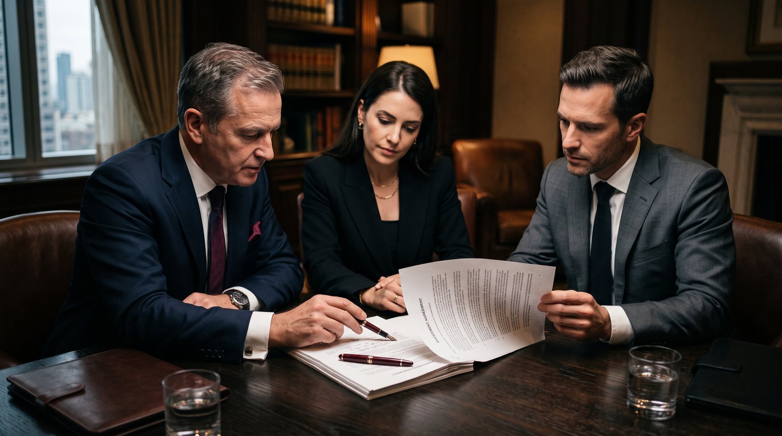lawyers looking over an investment contract with a client