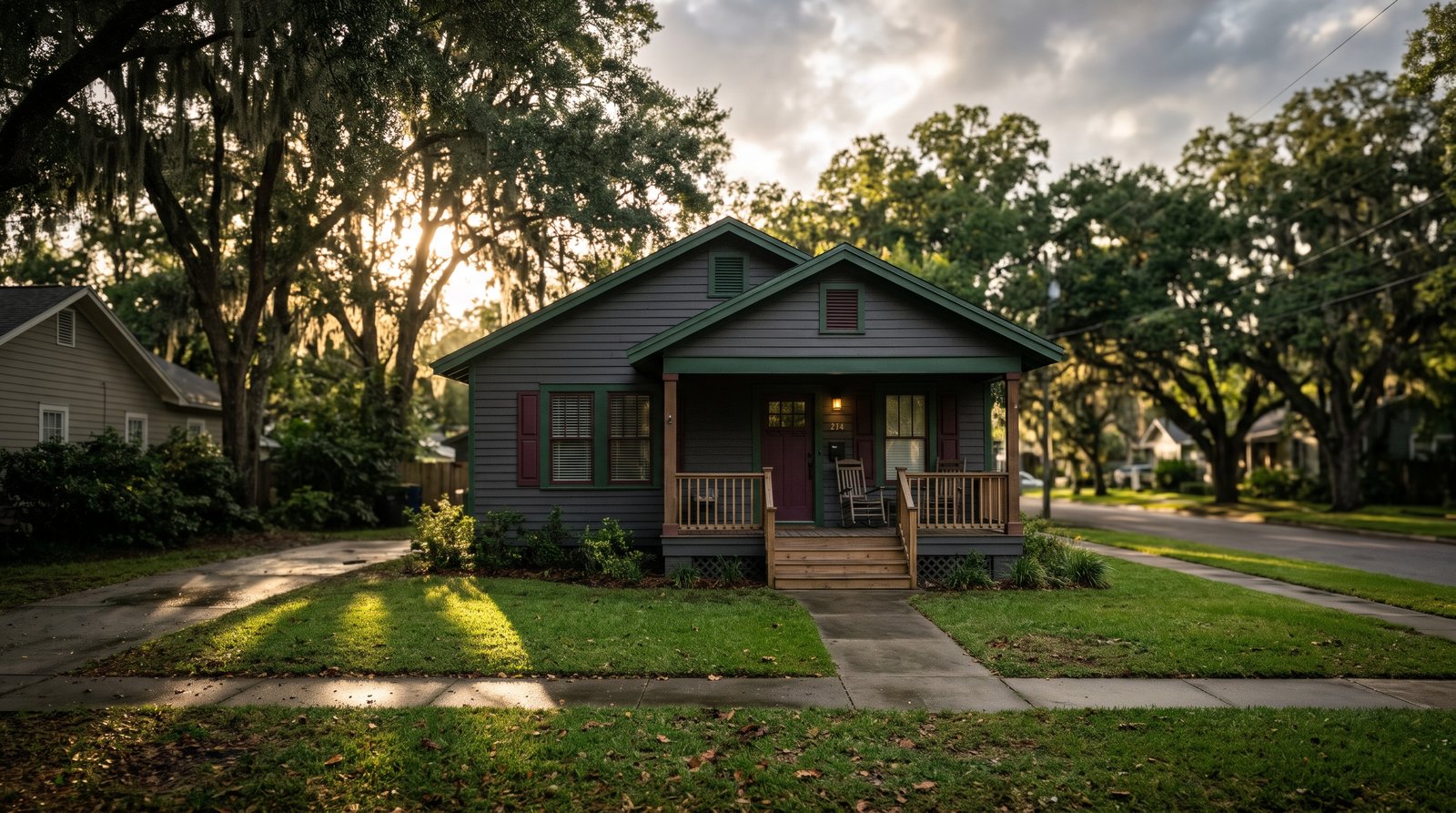 A single-storey house with a front porch on a quiet, tree-lined street in late-afternoon light (AI-generated illustration)